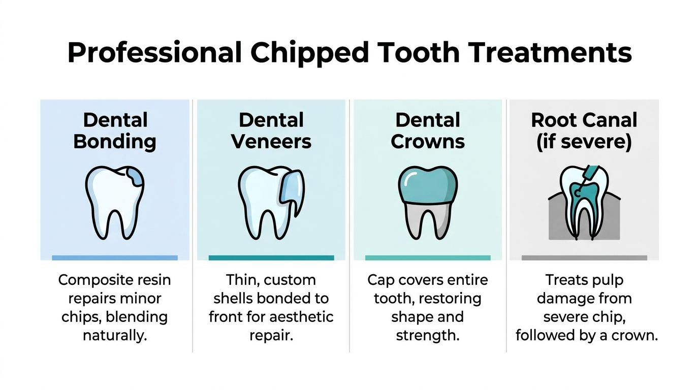 A professional infographic illustrating four dental treatments for chipped teeth including bonding, veneers, crowns, and root canals.