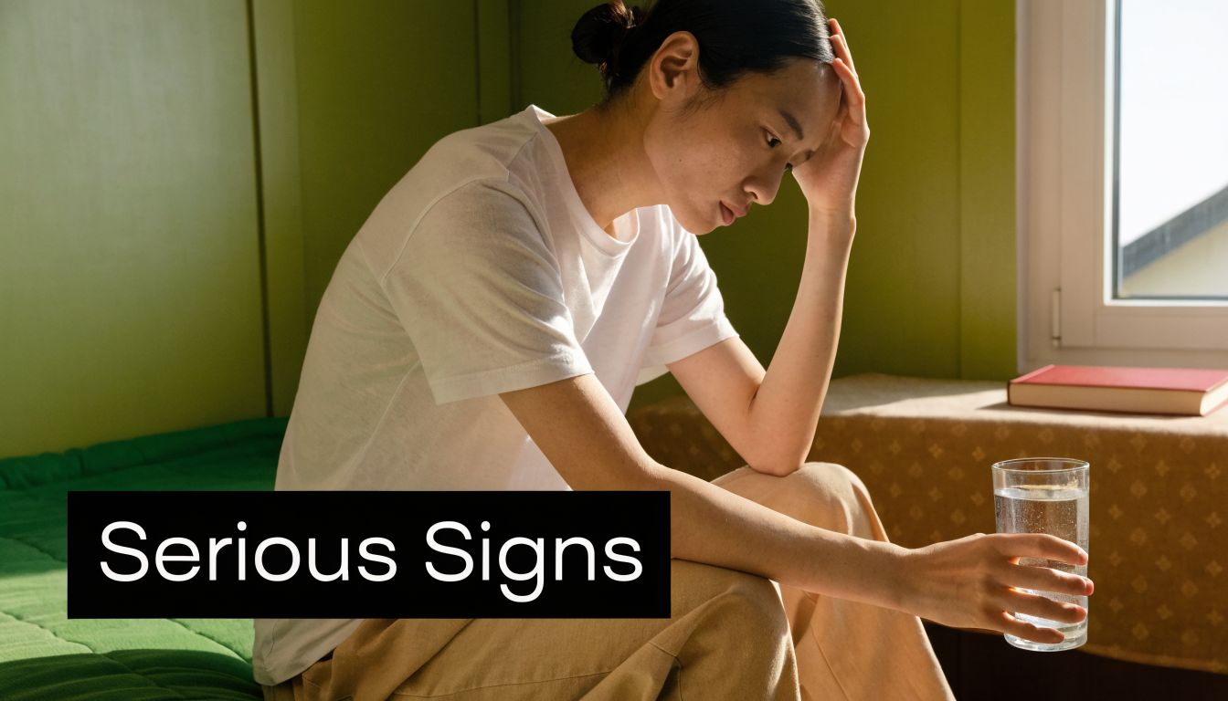 A young woman sits on a bed looking tired and stressed while holding a glass of water.