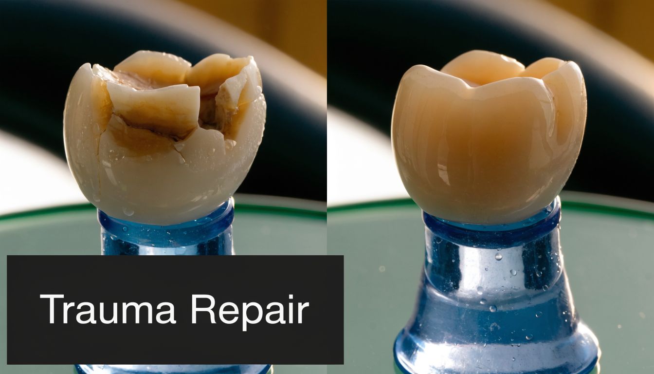 A split screen image showing a fractured tooth before and after receiving a restorative crown treatment.