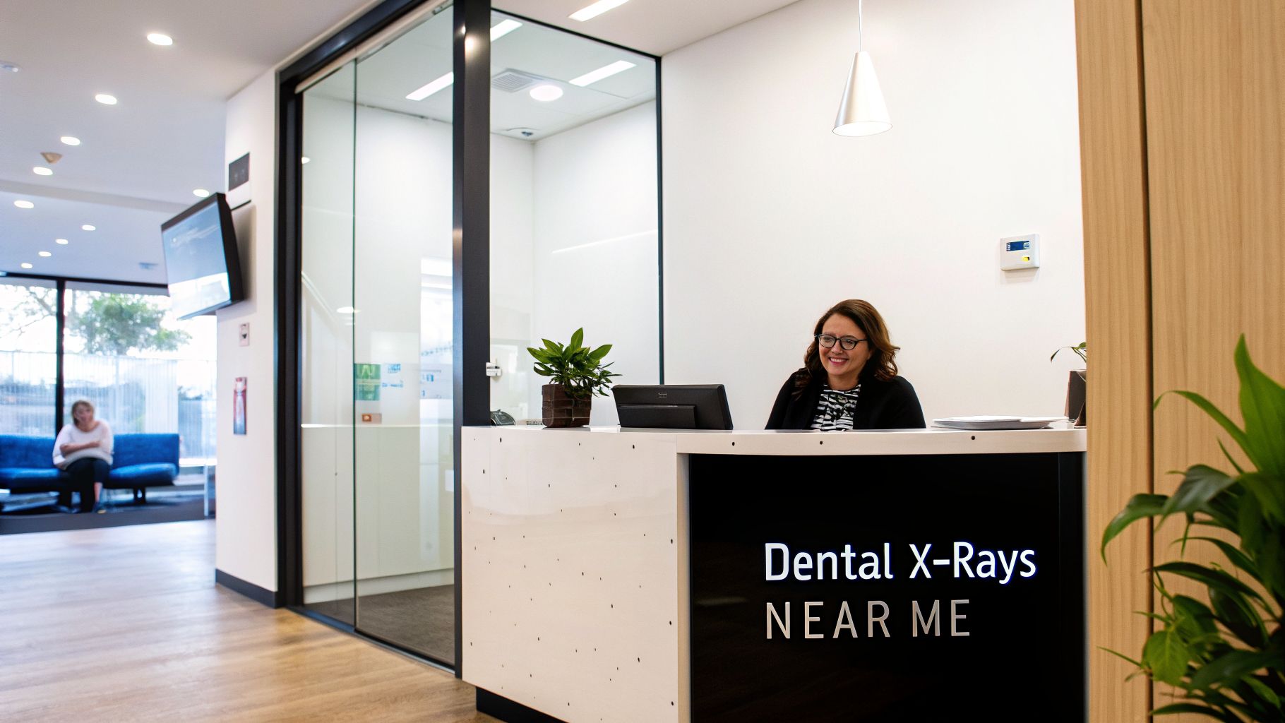 Smiling receptionist at a modern dental clinic reception desk, advertising 'Dental X-Rays NEAR ME'.