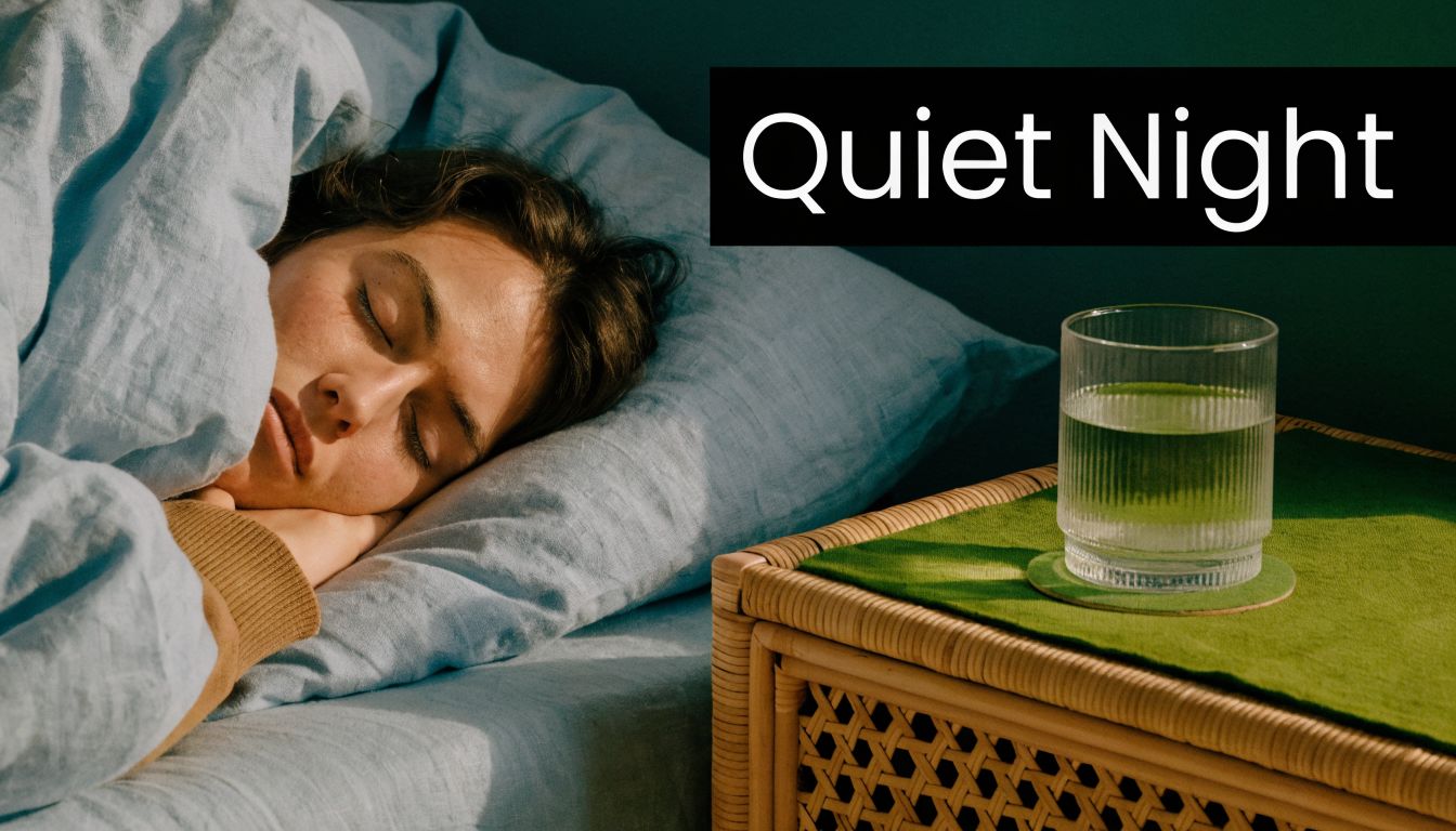 A person sleeping soundly in a cozy bed with a glass of water on a nightstand.
