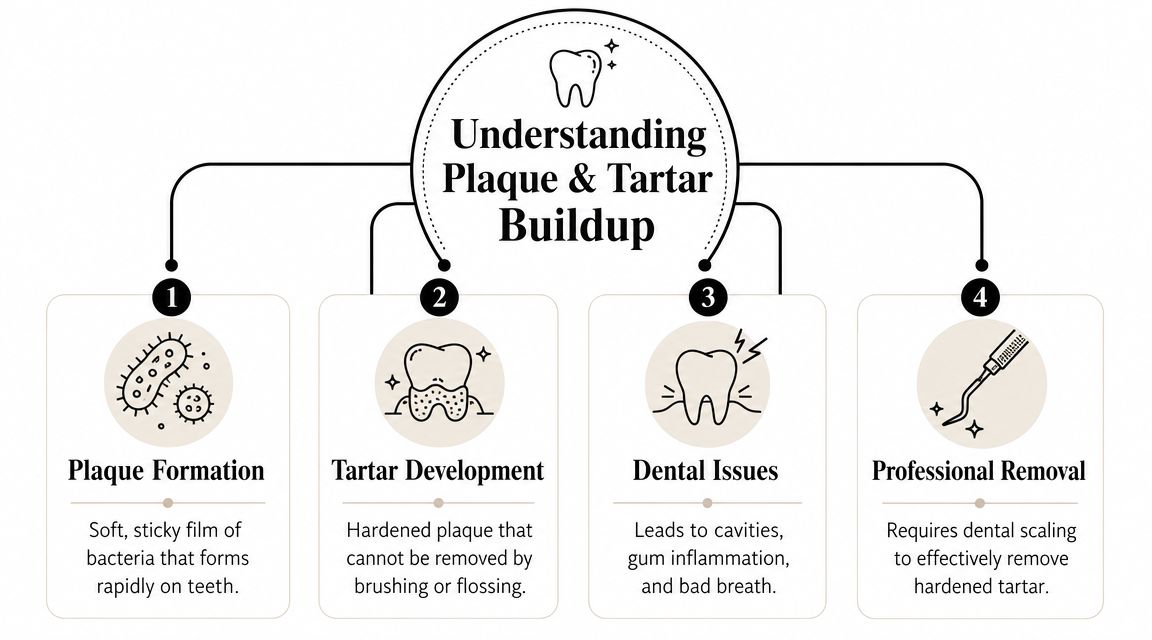 A four-step infographic illustrating the progression from plaque formation to professional tartar removal and dental health.