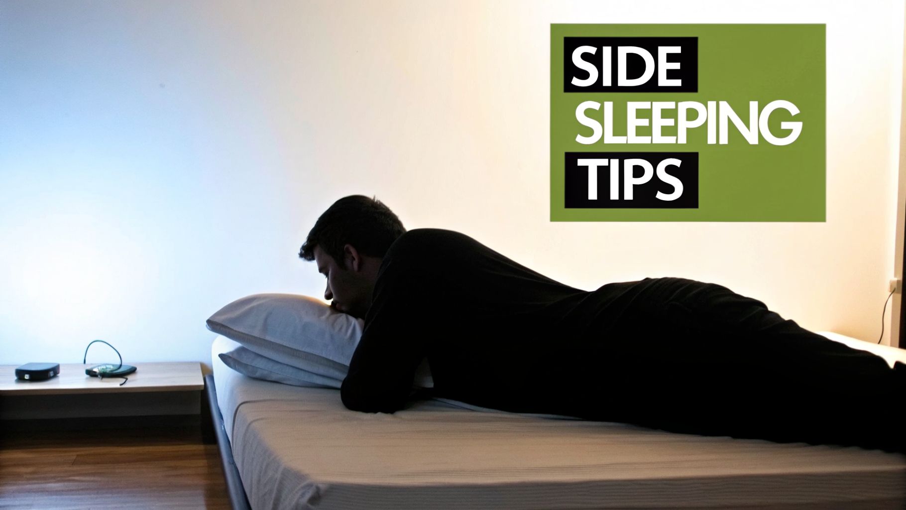 A man in black pajamas sleeps on his side in bed with a 'SIDE SLEEPING TIPS' overlay.