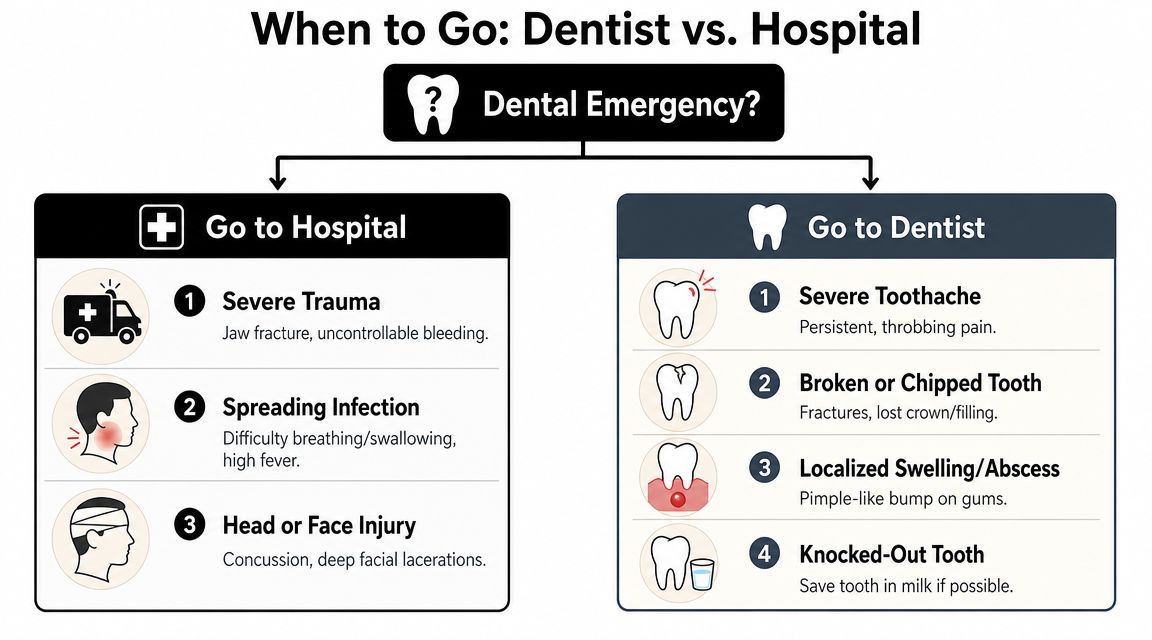 A flowchart infographic comparing dental emergencies that require a hospital visit versus those needing a dentist.