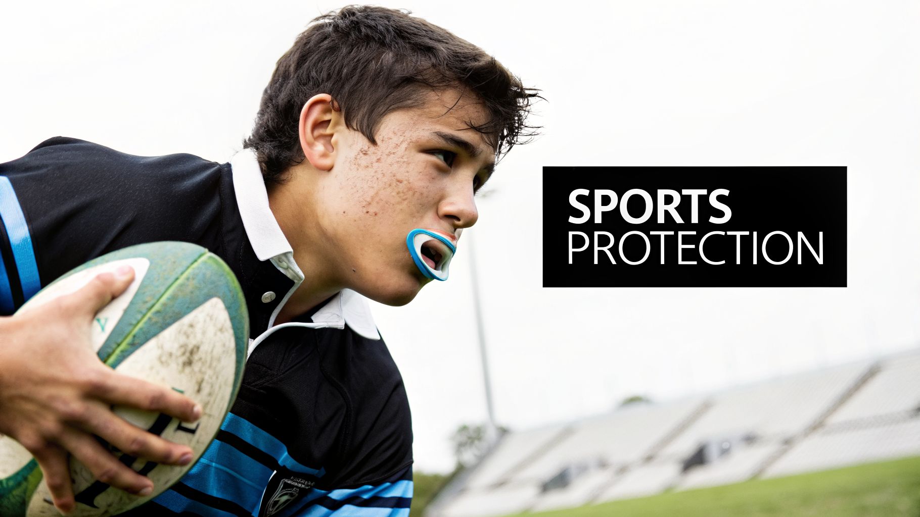 A focused male rugby player with a mouthguard holds a ball on a field, next to 'SPORTS PROTECTION' text.