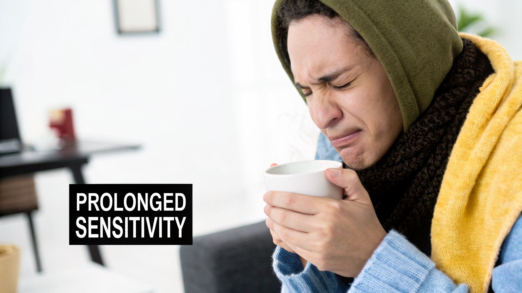 A person bundled in warm clothes holds a steaming mug, grimacing from intense prolonged sensitivity.