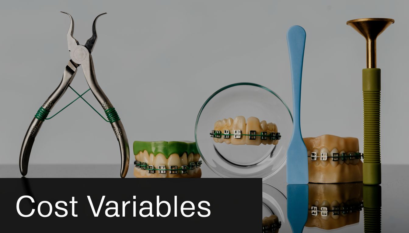 A display of orthodontic tools and teeth models with braces, highlighting various dental cost considerations.
