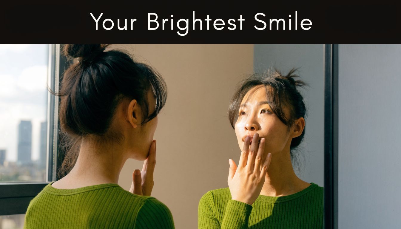 A young woman in a green top looking at her reflection in a mirror while checking teeth.