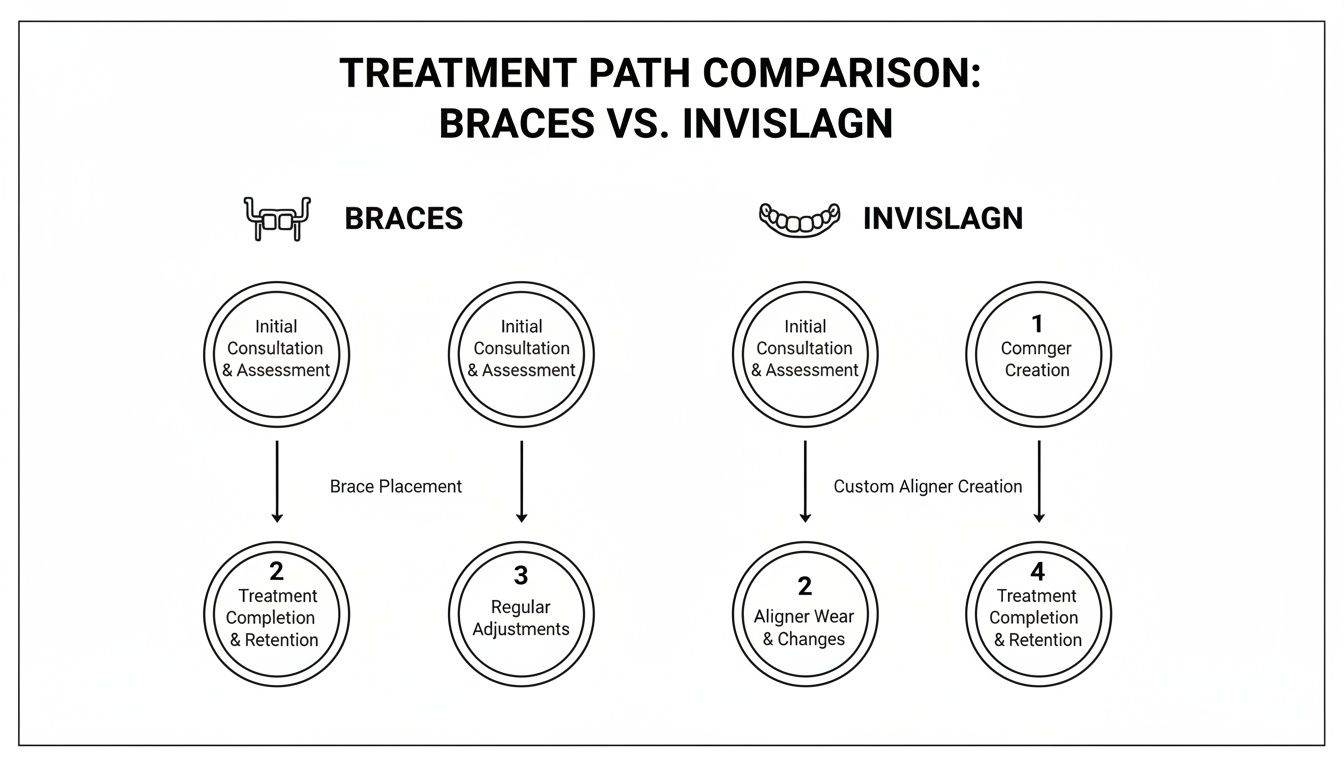 Diagram comparing the treatment paths for braces versus Invisalign, outlining each step from consultation to retention.