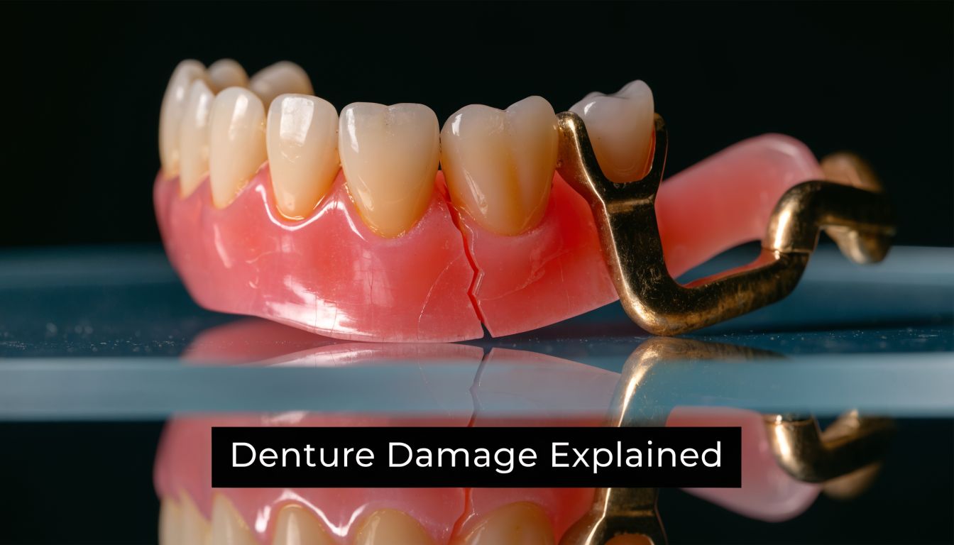 A close-up view of a fractured dental partial denture resting on a reflective glass surface.
