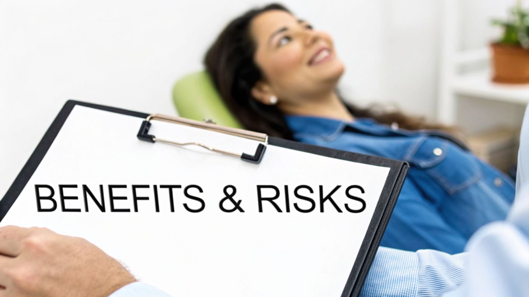A healthcare professional holds a clipboard displaying 'BENEFITS & RISKS' to a smiling patient.