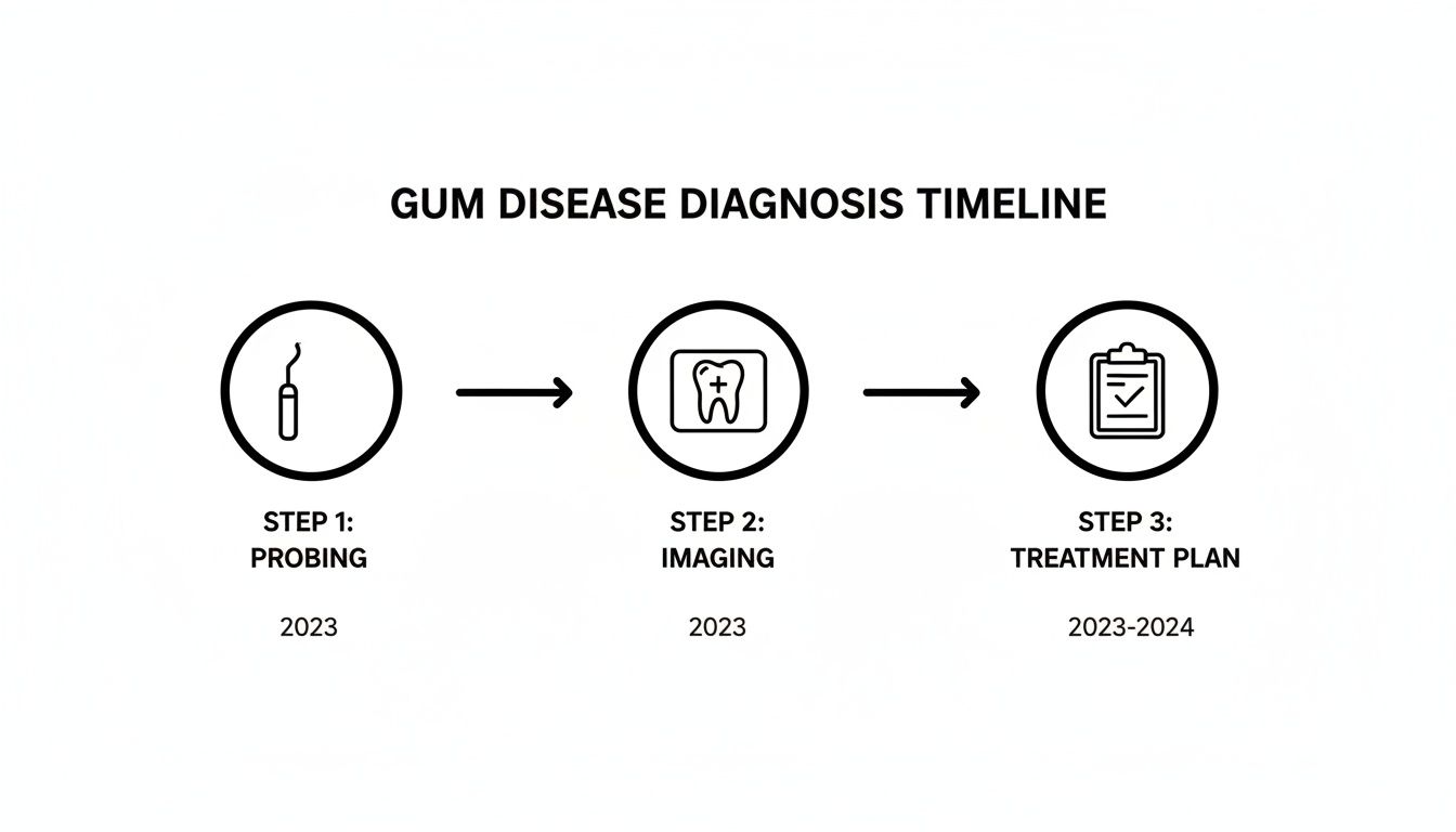A timeline diagram illustrating the three steps for gum disease diagnosis: Probing, Imaging, and Treatment Plan.