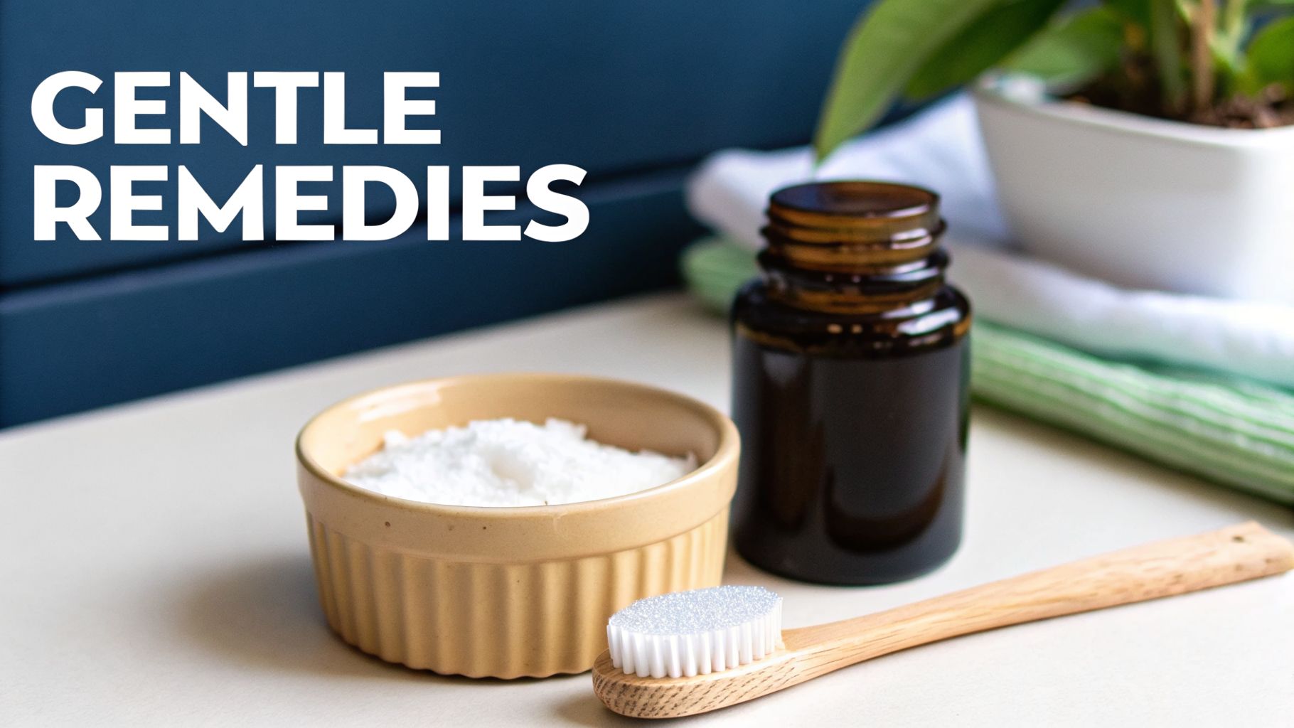 A bowl of white powder, a dark bottle, and a wooden brush with 'GENTLE REMEDIES' text.