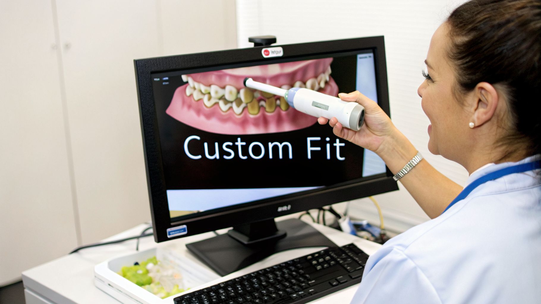 Smiling dental professional holds a digital scanner, showing a 3D custom fit teeth model on a computer screen.