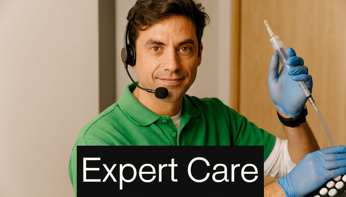 A dental professional with a headset holds a dental tool while smiling to provide expert care.