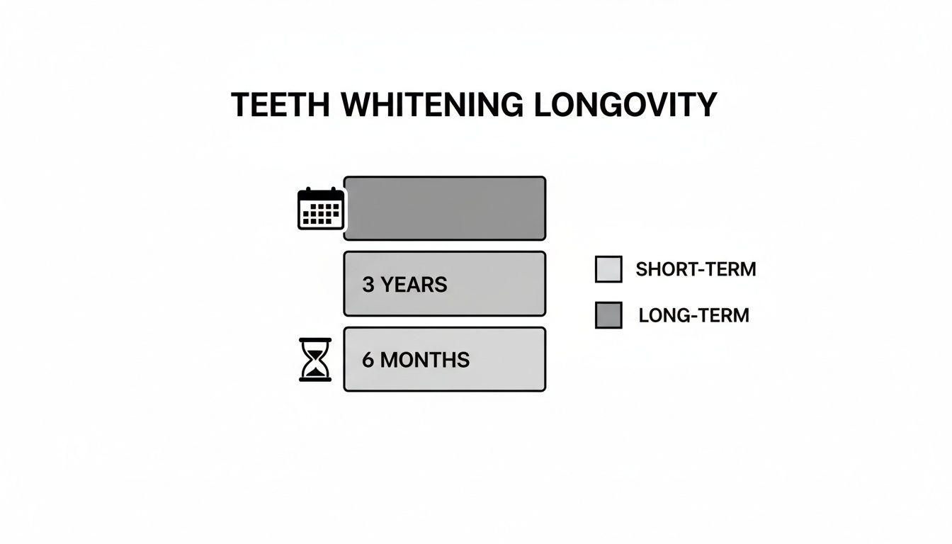 Infographic illustrating teeth whitening longevity, showing durations of 3 years and 6 months as long-term.