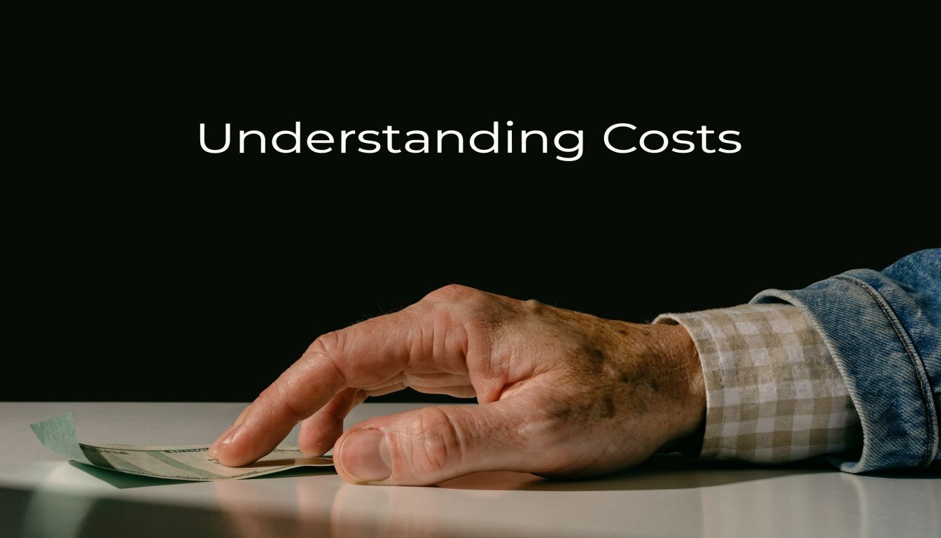 An elderly person's hand resting on a table next to a piece of paper representing financial costs.