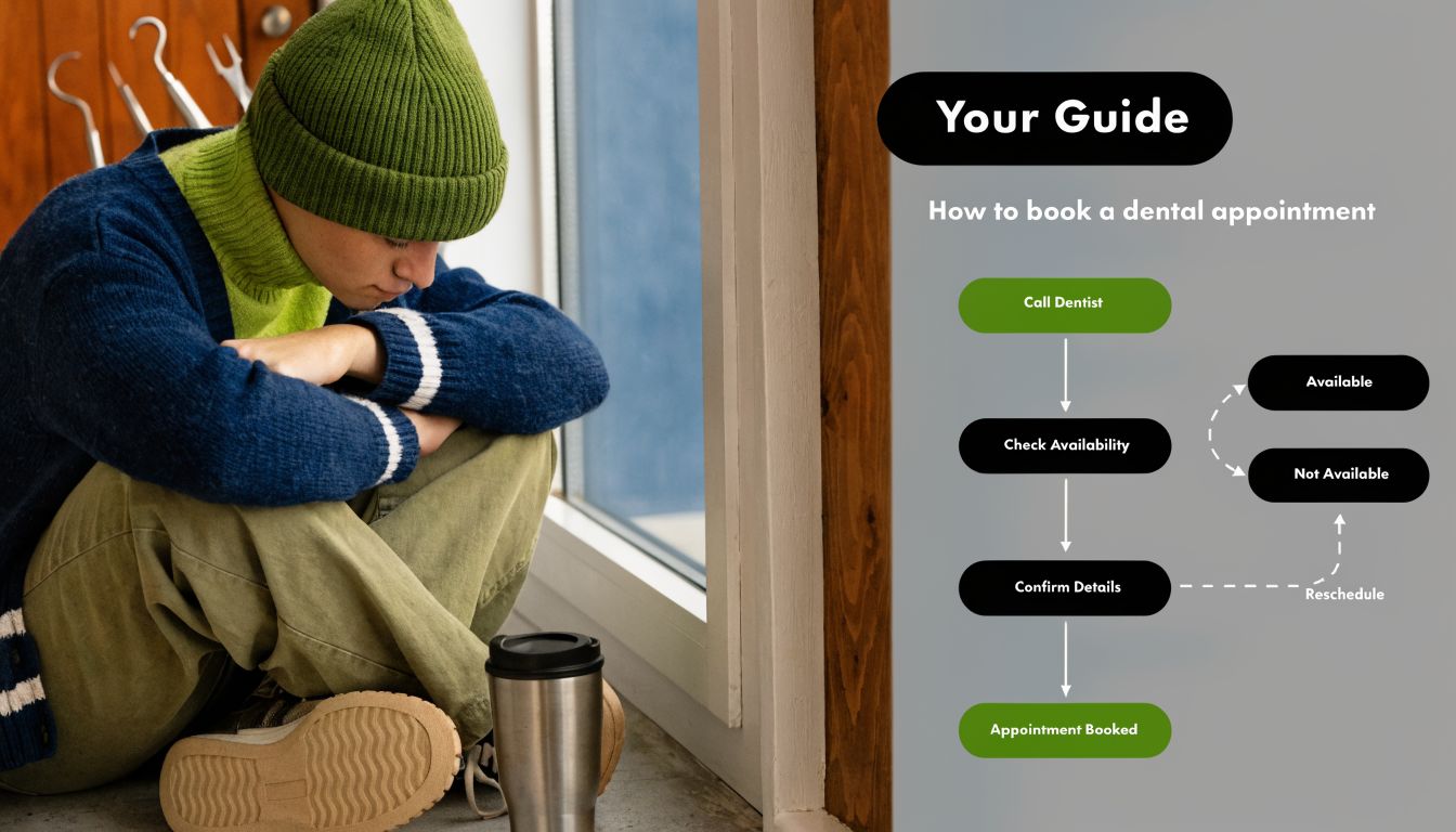 A person sitting by a window next to a flow chart illustrating the dental appointment booking process.