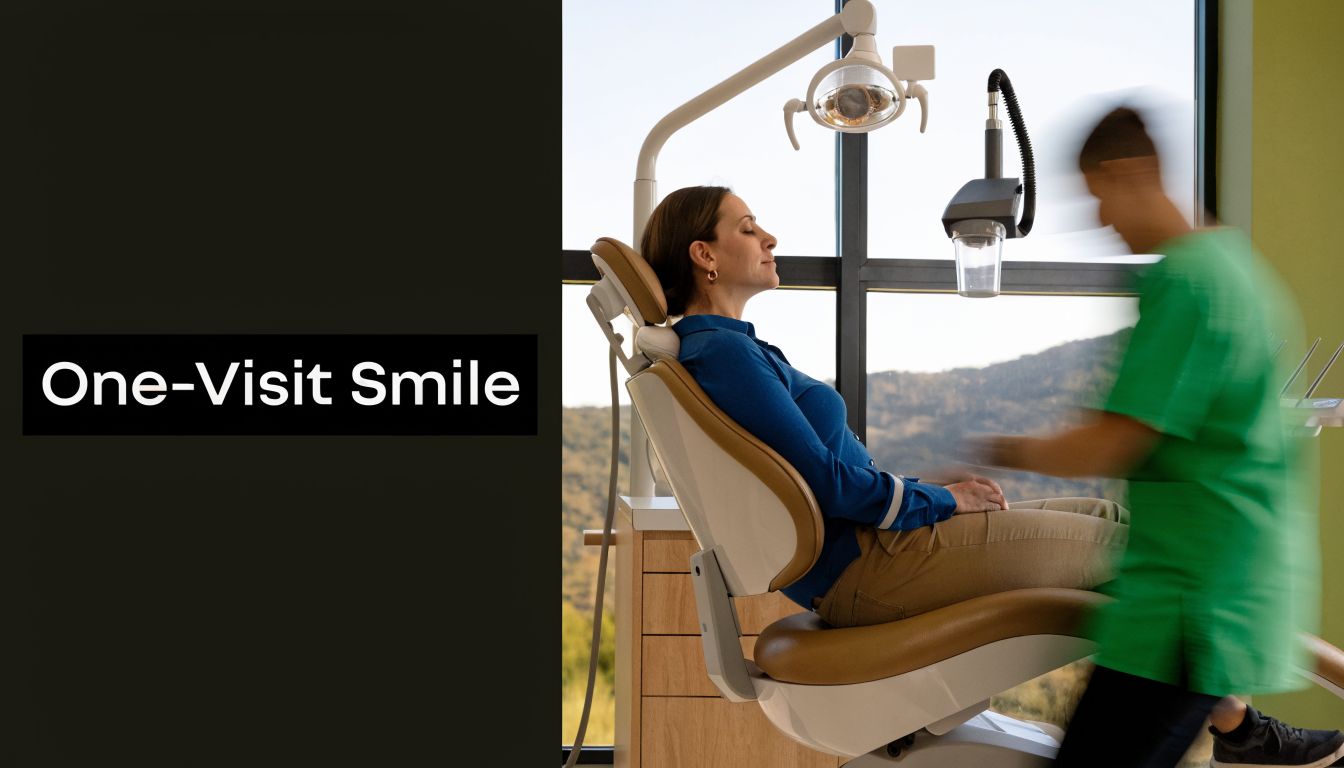 A woman sitting in a dental chair while a practitioner performs a one-visit dental procedure.