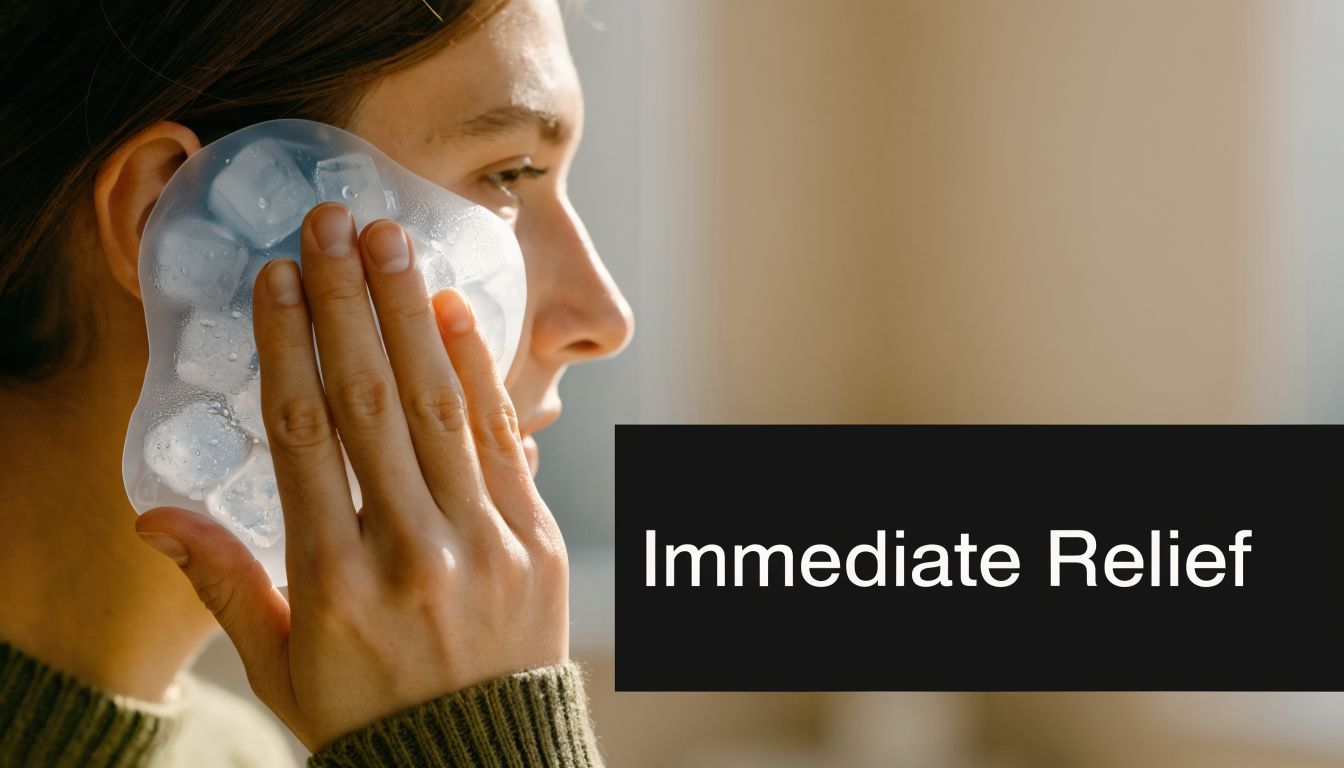 A person holding an ice pack against their cheek for immediate pain relief from dental discomfort.