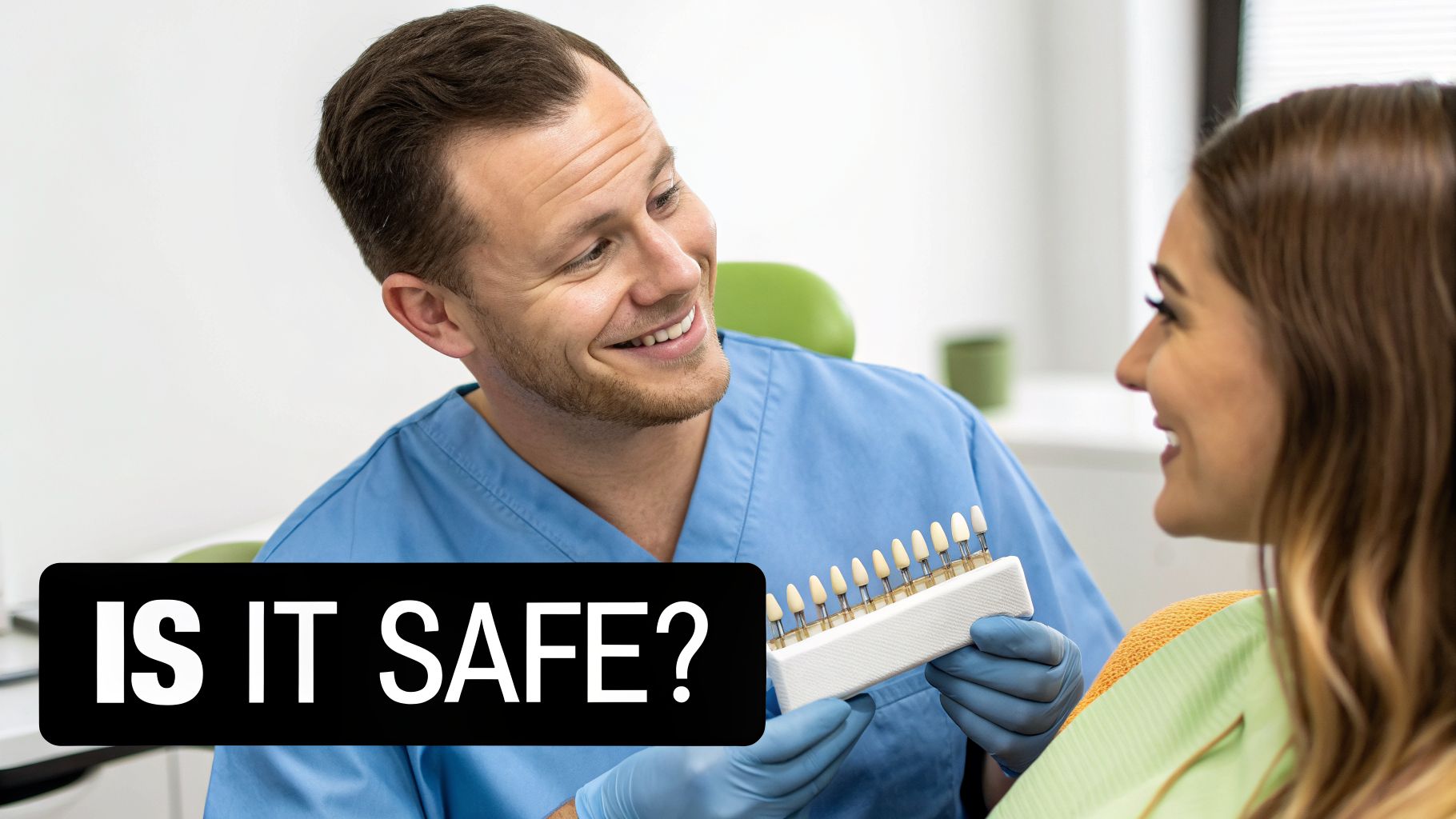 Smiling dentist in blue scrubs holds a dental shade guide, explaining options to a female patient.