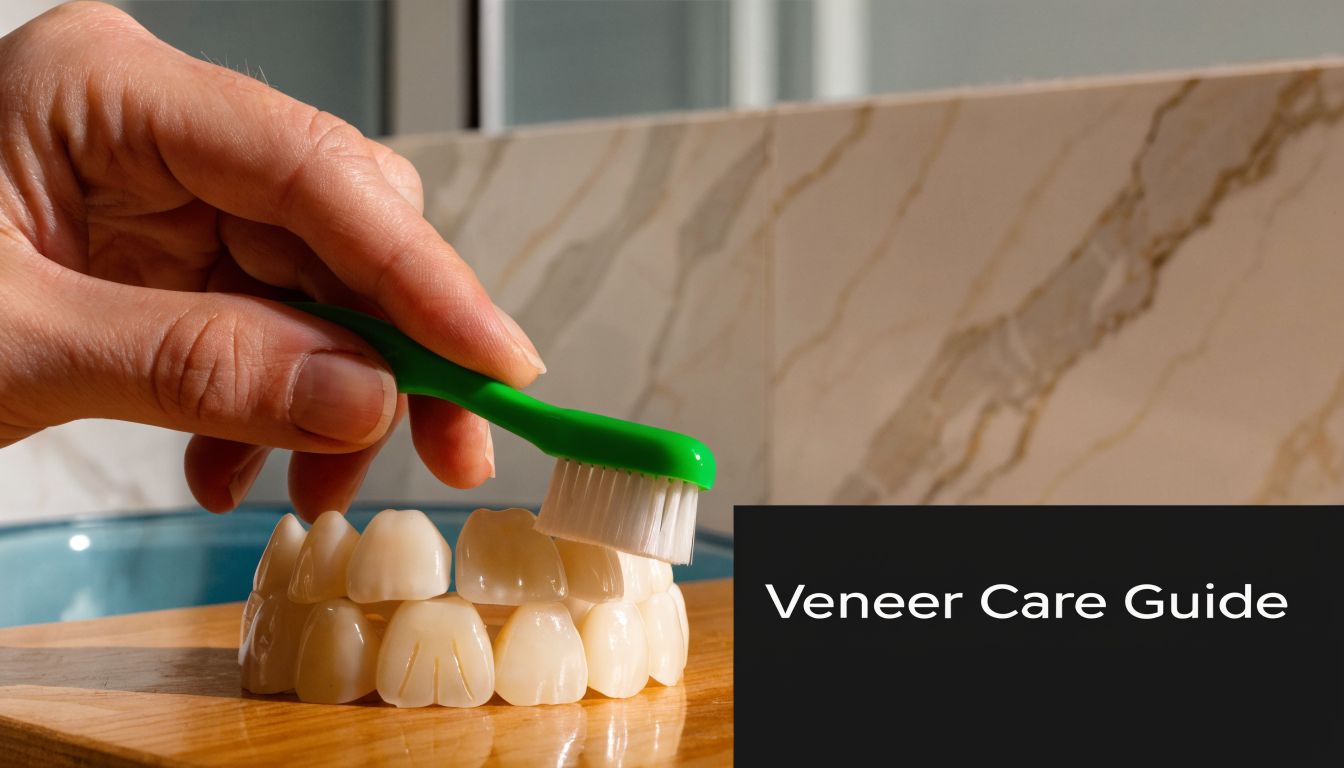A hand holding a green toothbrush brushing a set of dental veneer models on a table.