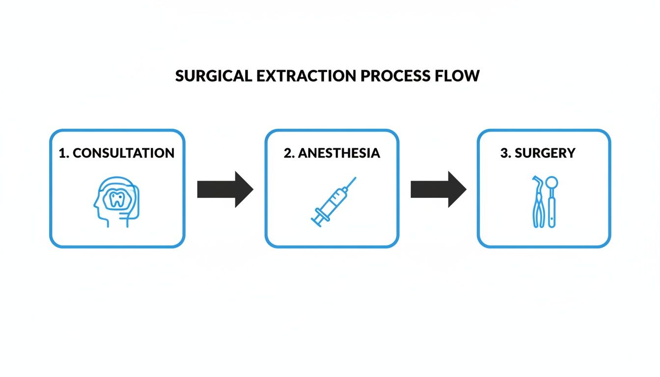 Process flow for surgical tooth extraction showing consultation, anesthesia, and surgery steps.