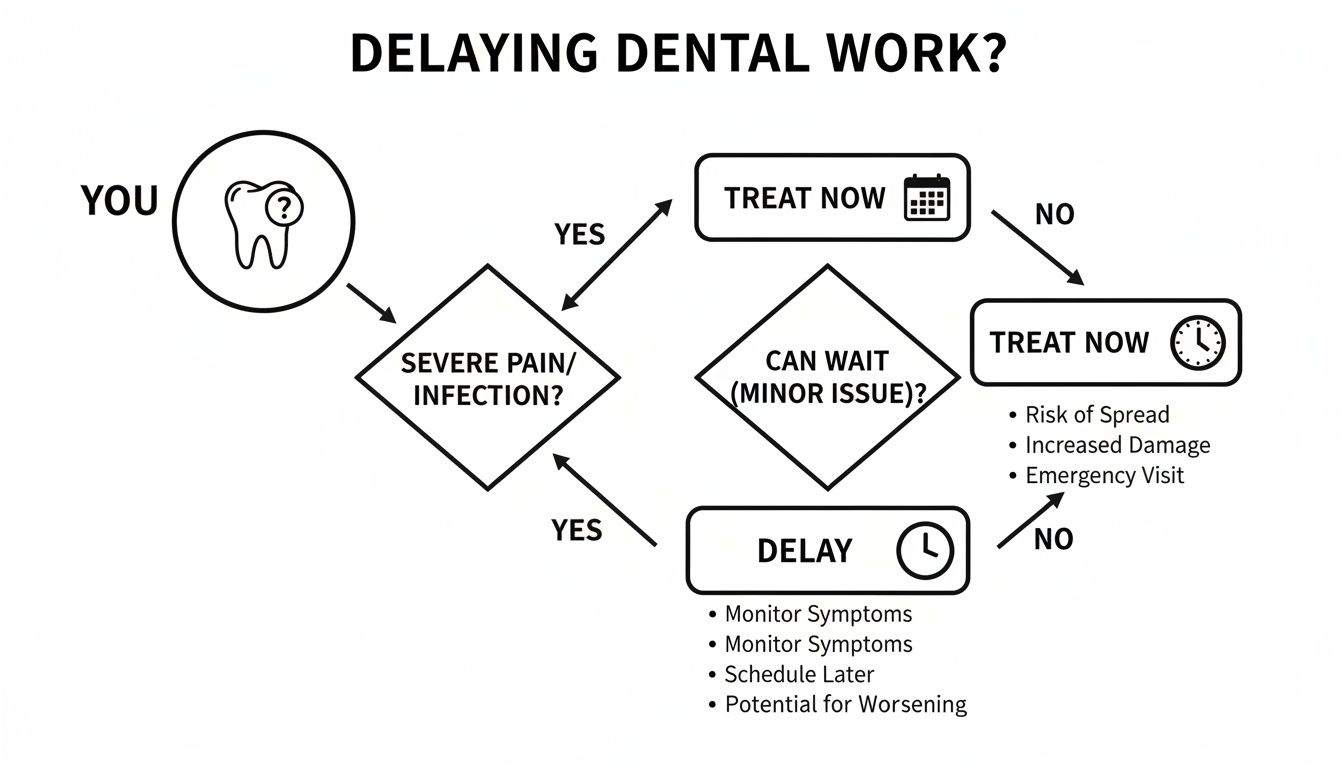 A flowchart illustrating decisions and consequences related to delaying dental work, categorizing issues by severity.