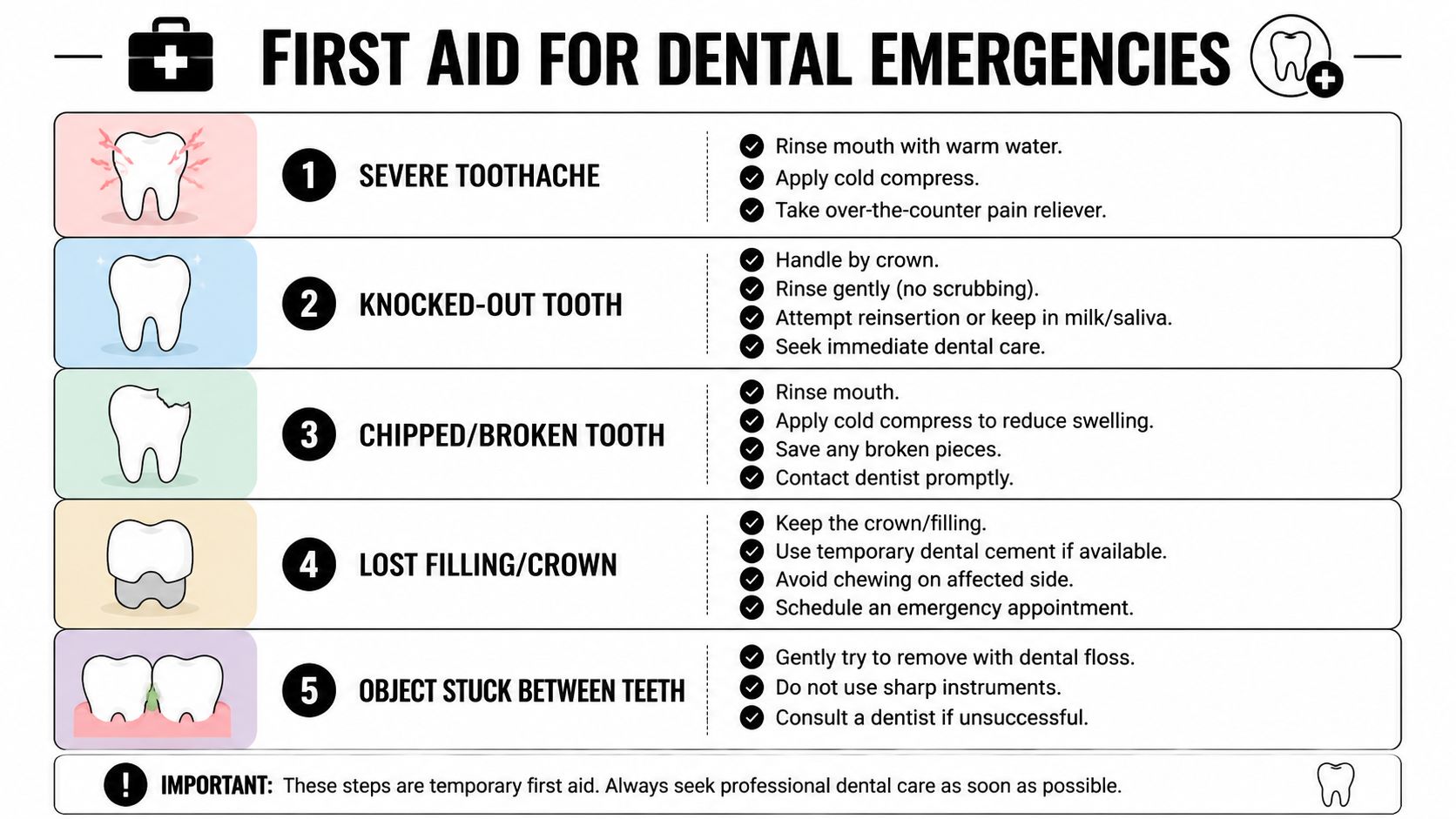 A first aid chart for dental emergencies showing steps for toothaches, knocked-out teeth, and other issues.