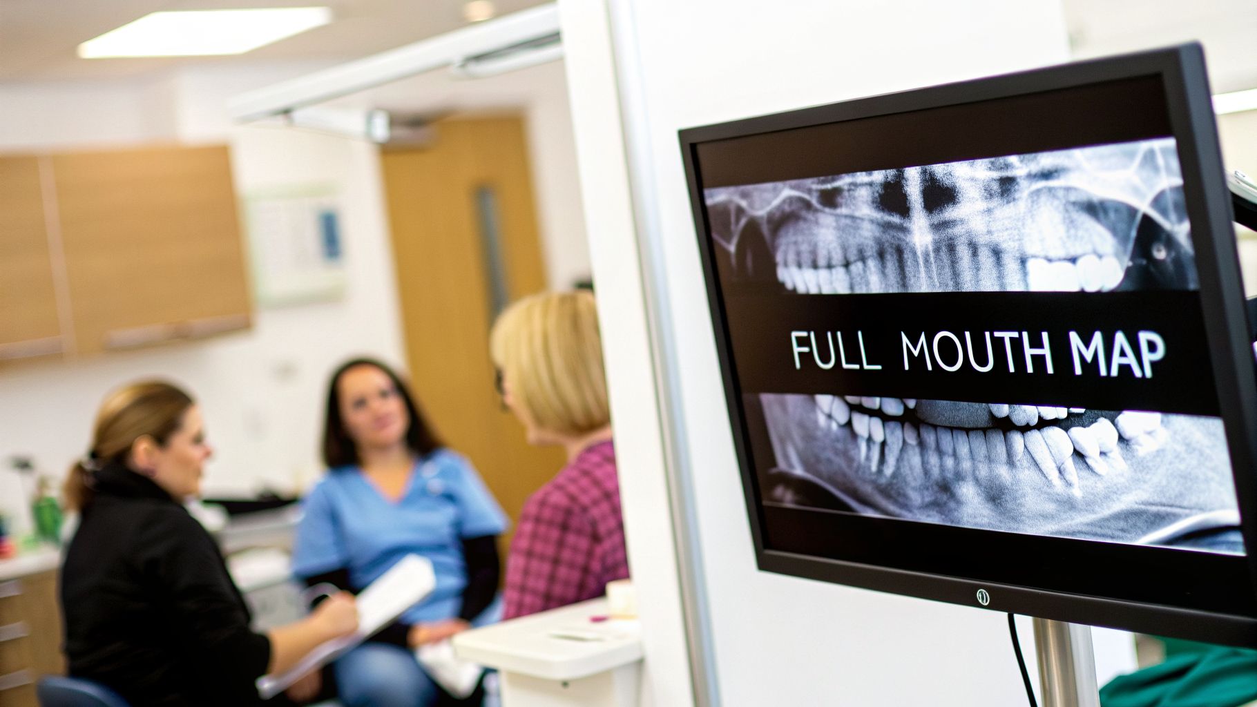 A monitor in a dental clinic shows a full mouth dental X-ray, with three people blurred in the background.
