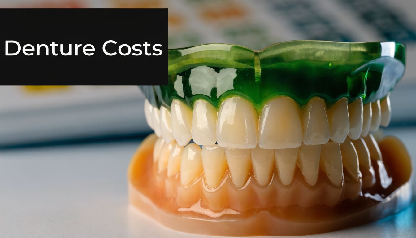 A dental model featuring a set of artificial teeth with a black box labeled Denture Costs.