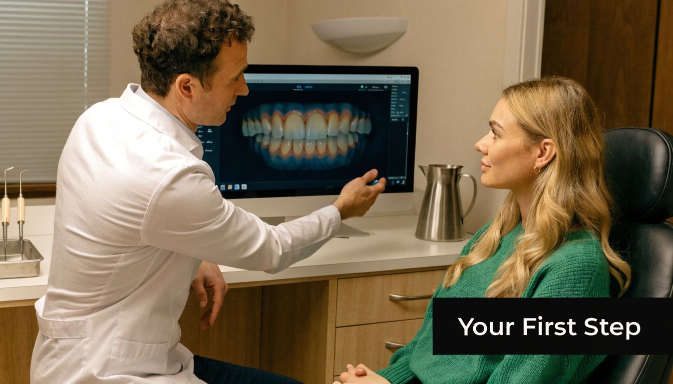A male dentist explaining dental treatment options to a female patient using a digital screen visualization.
