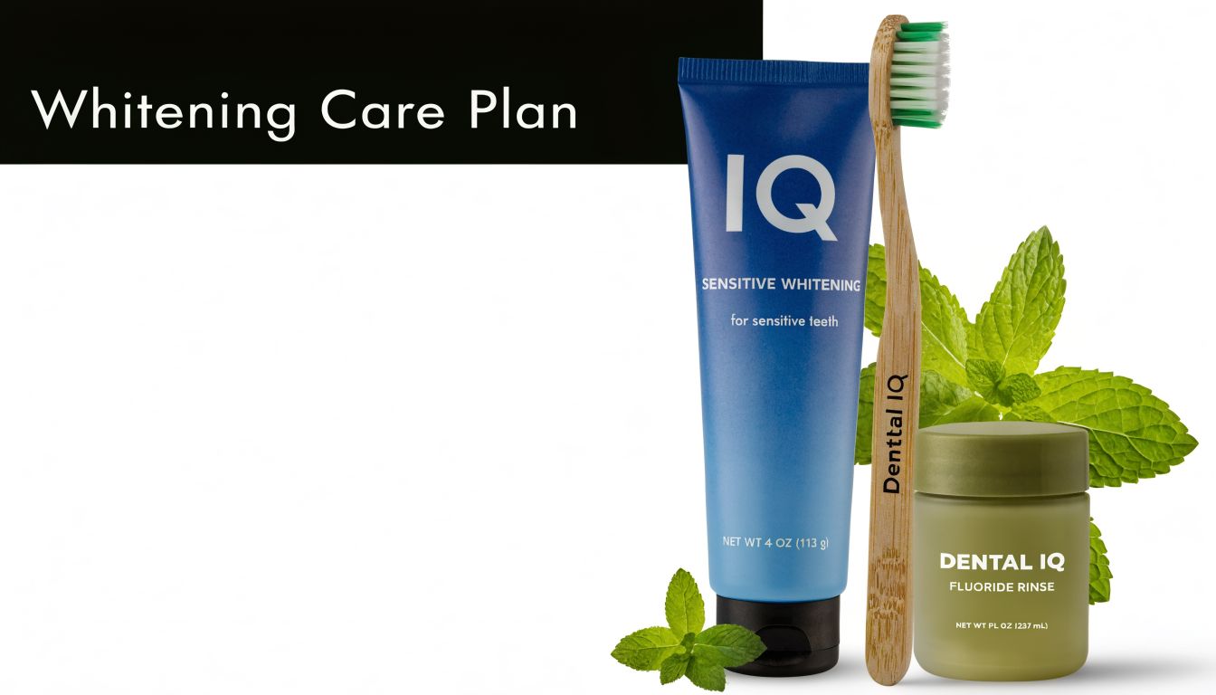 A professional whitening care set featuring sensitive toothpaste, a wooden toothbrush, and fluoride rinse with fresh mint.