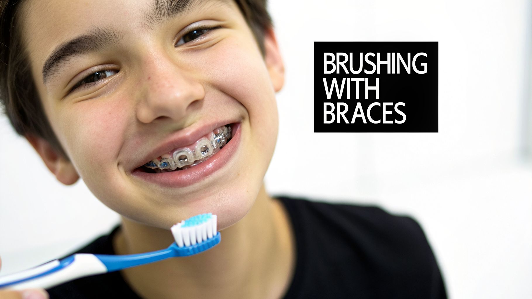 A happy boy with clear braces holds a toothbrush, smiling at the camera, promoting dental hygiene.