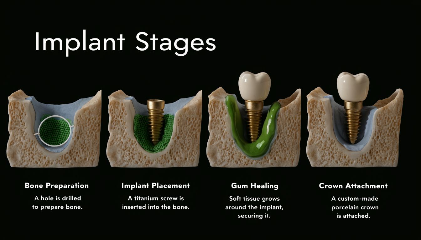 A diagram illustrating the four clinical stages of dental implant surgery from bone preparation to crown attachment.