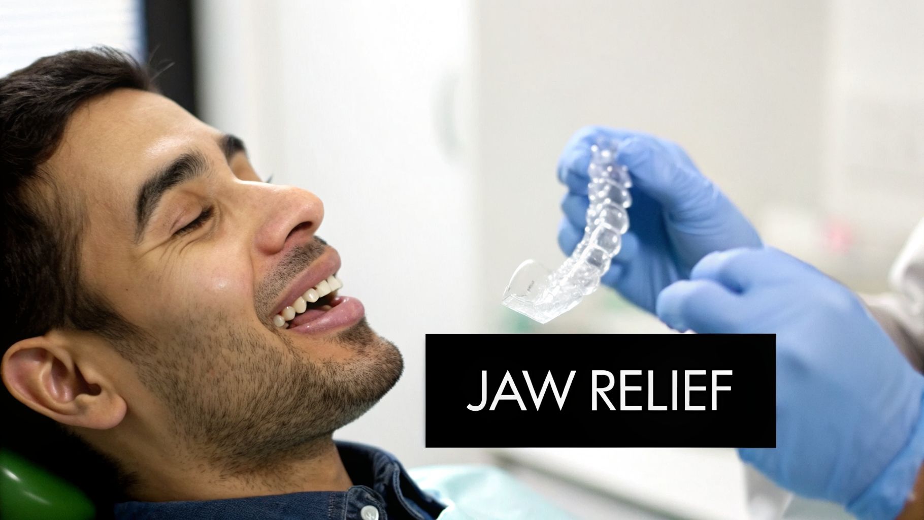 Man smiling in a dental chair as a gloved hand presents a clear mouth guard for jaw relief.