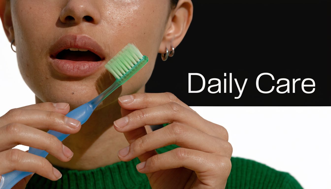 A close-up view of a person holding a blue toothbrush near their mouth for oral hygiene.