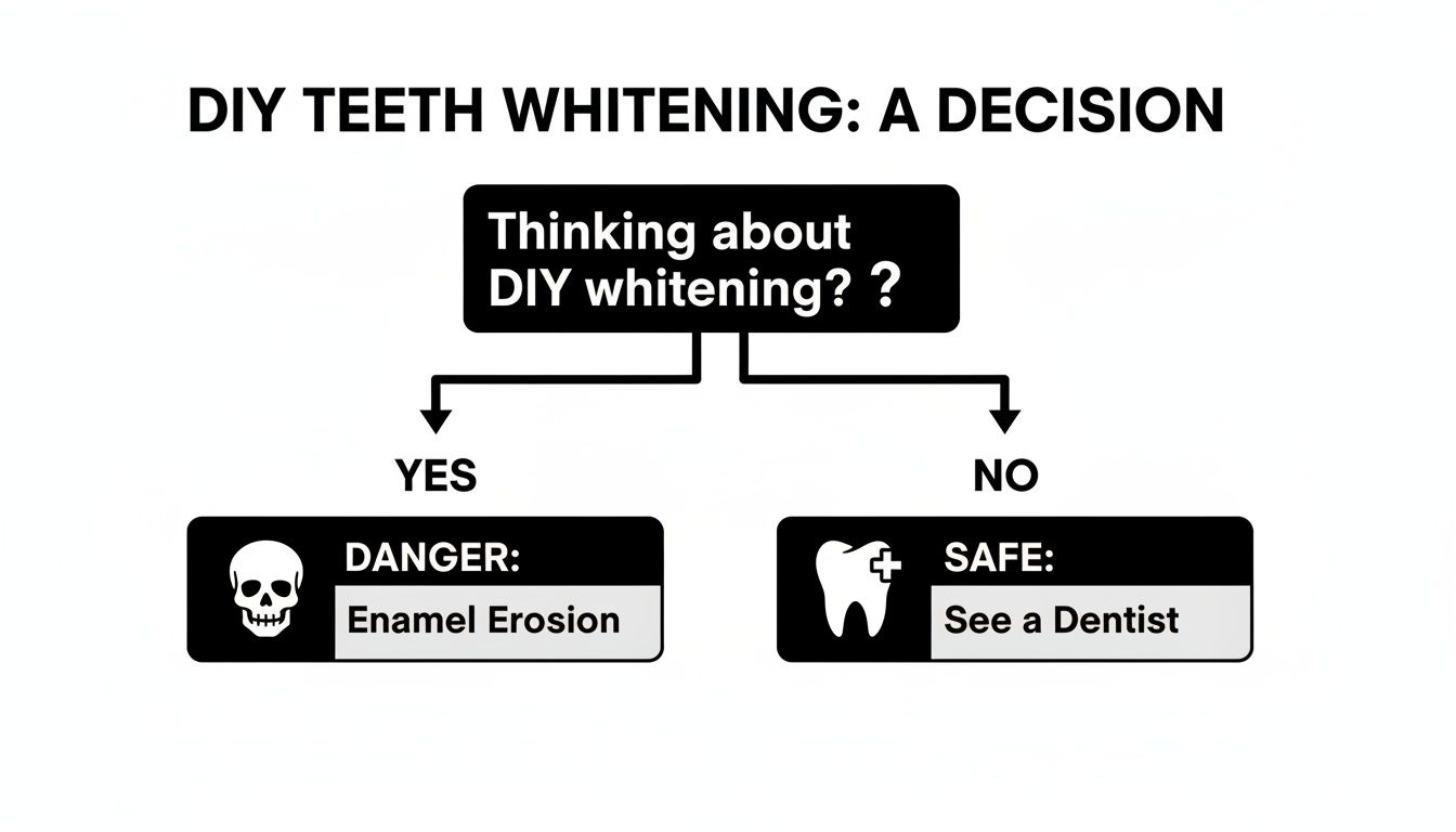 Flowchart about DIY teeth whitening. Choosing YES leads to enamel erosion danger. Choosing NO advises seeing a dentist for safety.