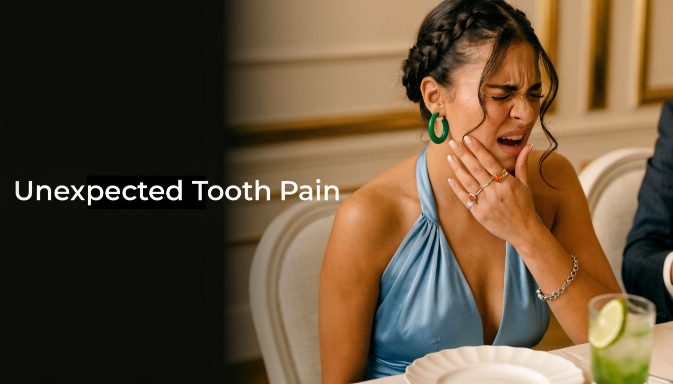 A woman at a dinner party holding her cheek in visible pain due to sudden tooth sensitivity.