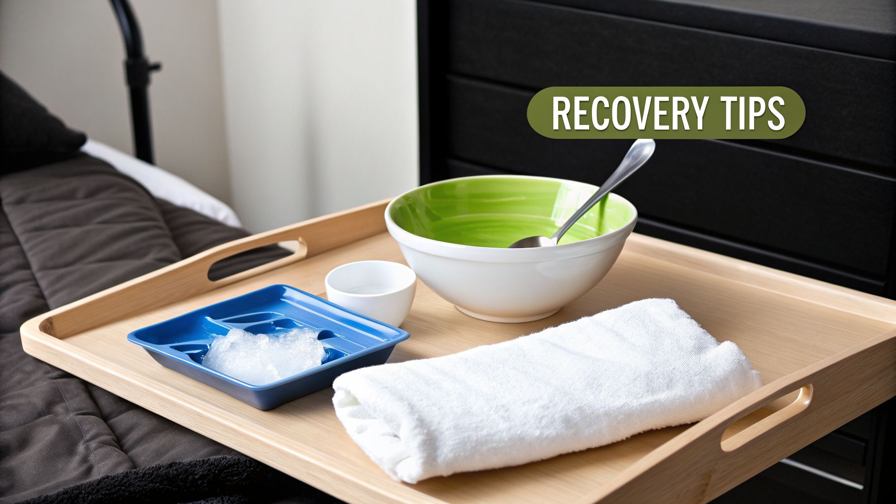A wooden tray on a bed holds recovery items: a bowl of soup, water, ice, and a white towel.