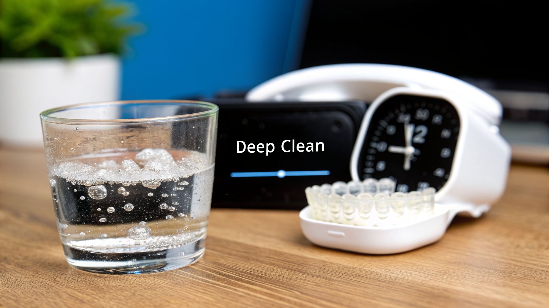 A glass of bubbly water, a dental retainer, and a screen showing 'Deep Clean' on a wooden table.