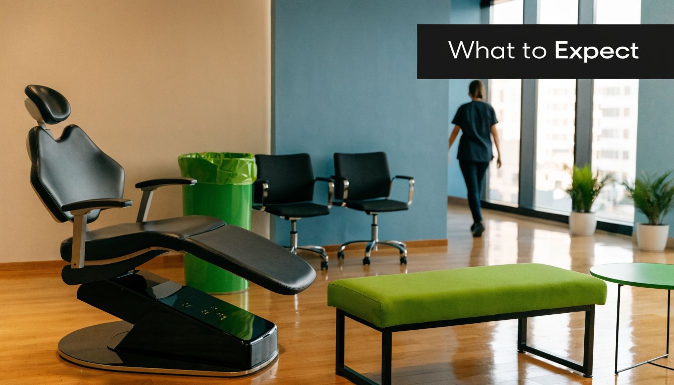 A modern, minimalist dental office waiting area with a professional examination chair, seating, and staff walking.