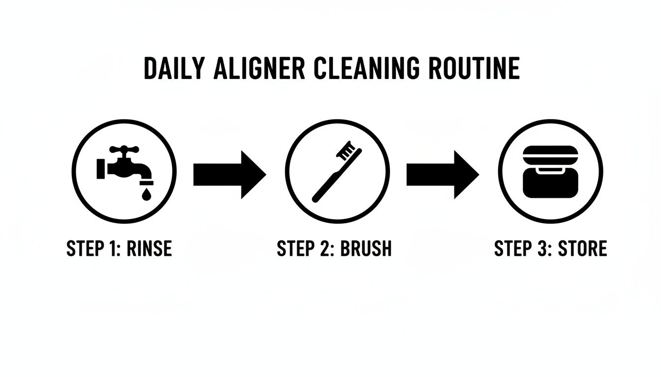 Daily aligner cleaning routine infographic showing three steps: rinse, brush, and store.