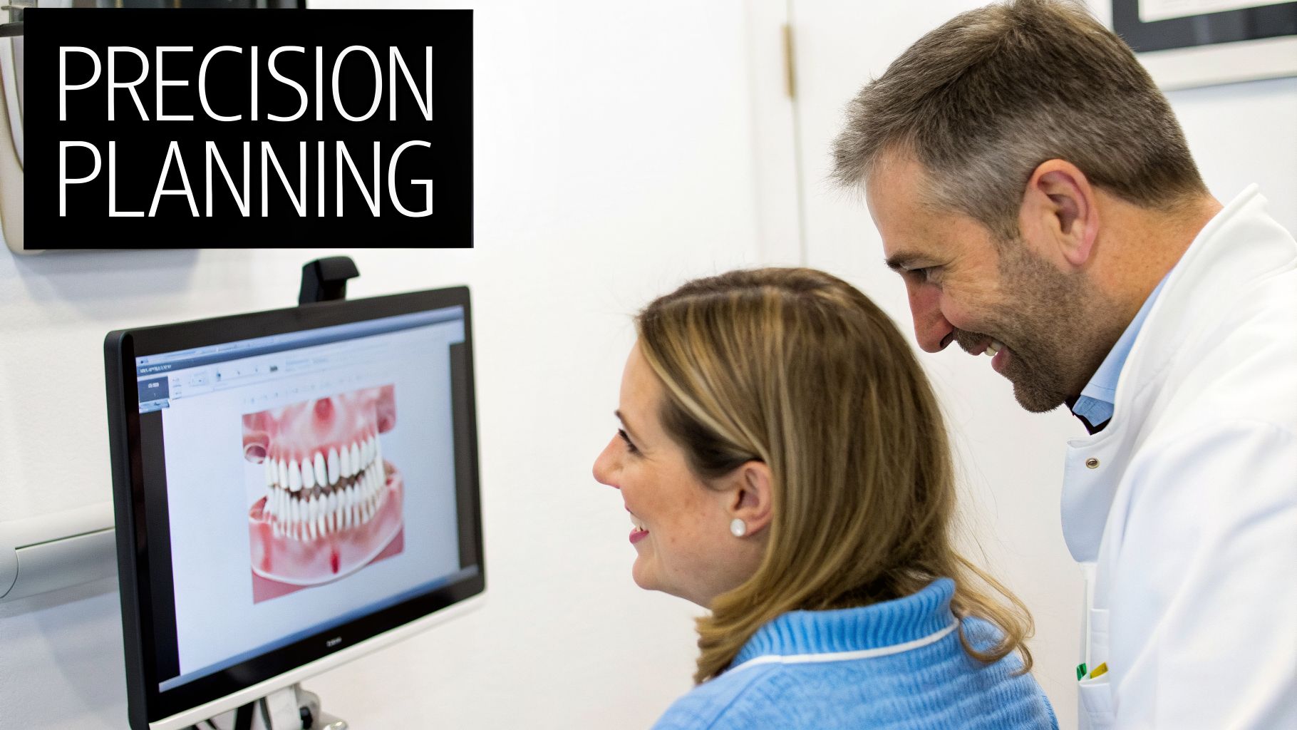 Dentist and patient examining a 3D dental model for precision planning on a computer screen.