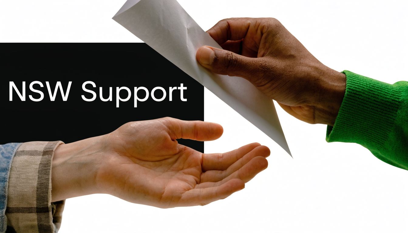 A person handing a white envelope to another person representing New South Wales government support services.