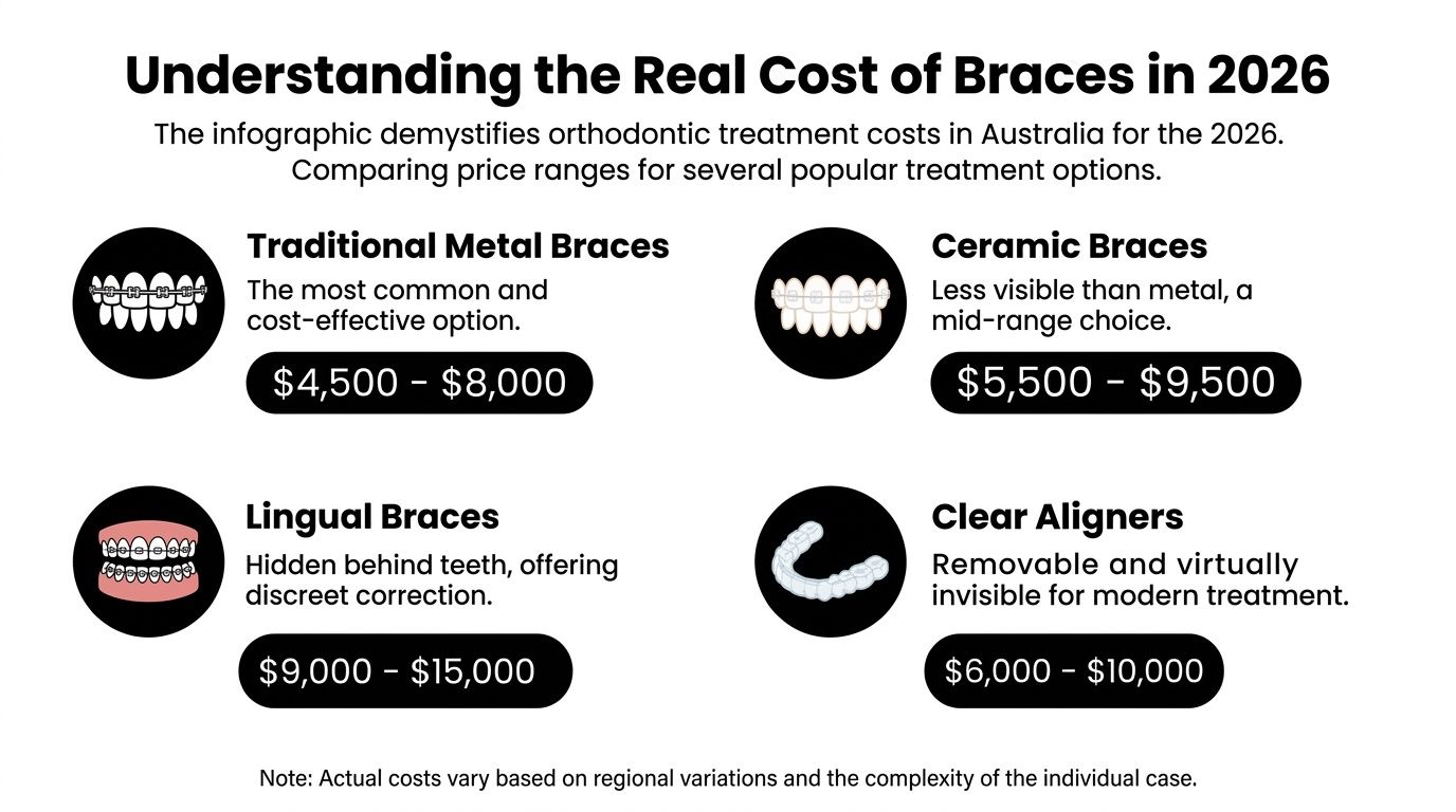 An infographic showing the estimated costs of different orthodontic treatment options in Australia for the year 2026.