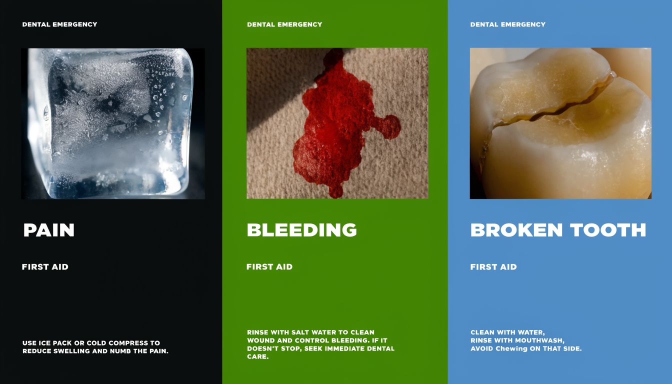 A dental emergency infographic showing steps for managing tooth pain, bleeding gums, and a broken tooth.
