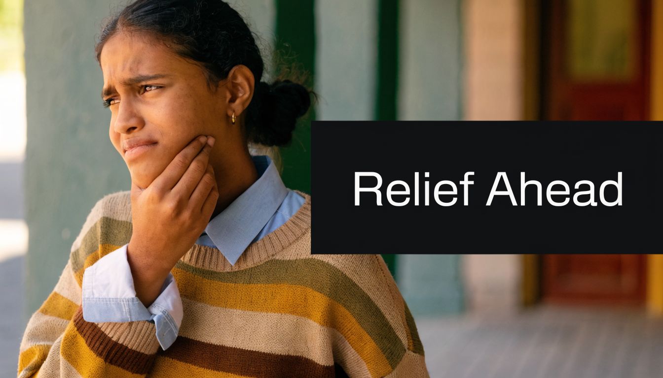 A young woman holding her cheek in pain, suggesting a toothache or dental discomfort.
