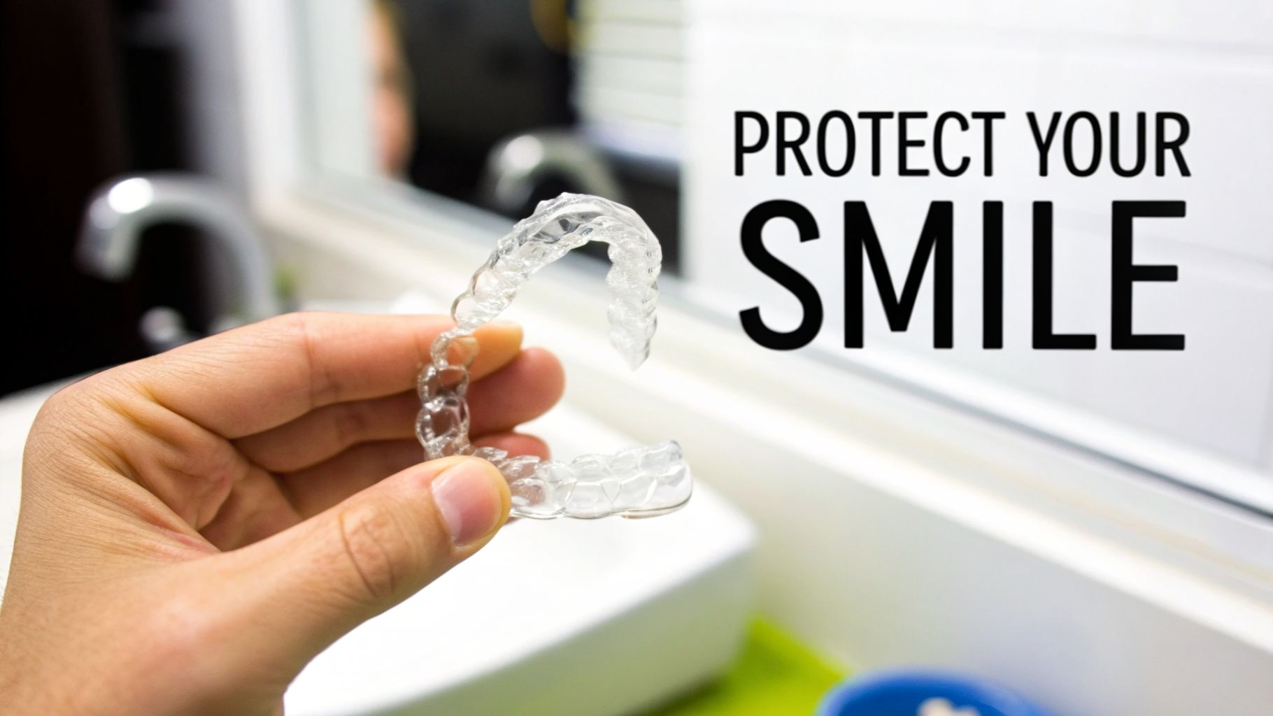 A hand holds clear dental aligners in a bathroom, with text 'PROTECT YOUR SMILE' clearly visible.