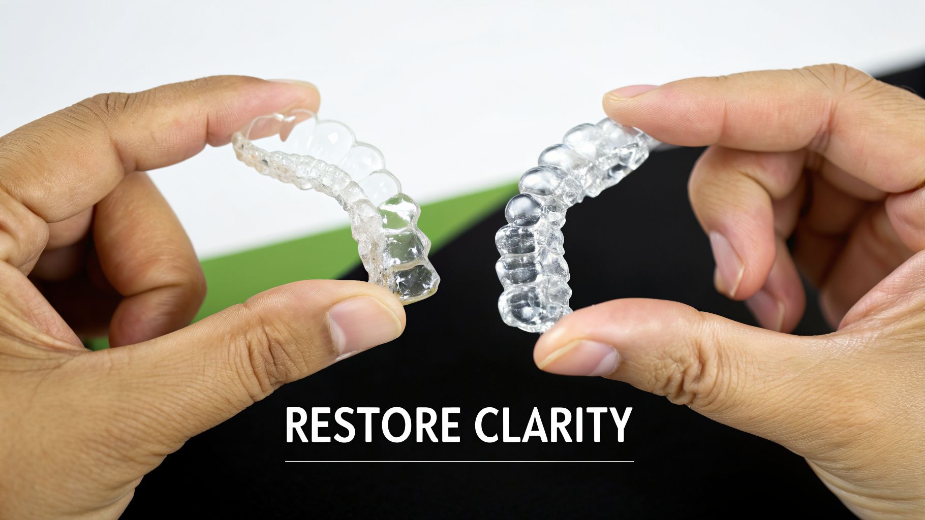 Two hands displaying a clean clear dental aligner next to a slightly discolored one.